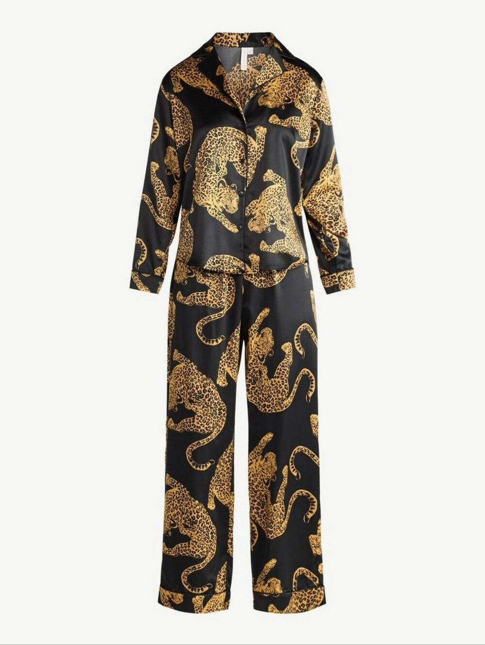 Leopard Print Satin Pajama Set in Black and Tan